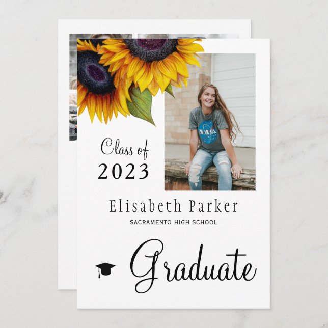 Golden sunflowers PHOTO collage graduation party Invitation (Front/Back)