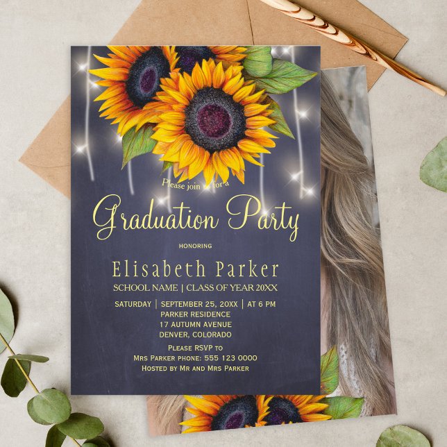 Golden sunflowers PHOTO rustic graduation party Invitation (Creator Uploaded)