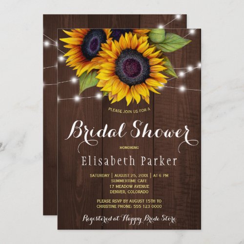 Golden sunflowers rustic barn wood bridal shower invitation