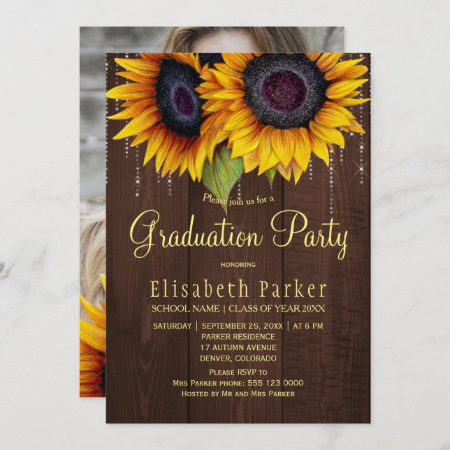 Golden sunflowers rustic PHOTO graduation party Invitation (Front/Back)