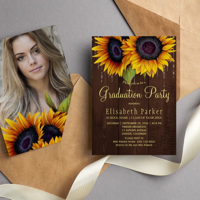 Golden sunflowers rustic PHOTO graduation party Invitation (Creator Uploaded)