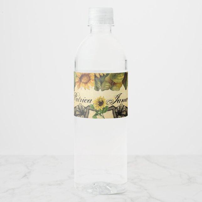 Golden Sunflowers Wedding Water Bottle Labels (Front)