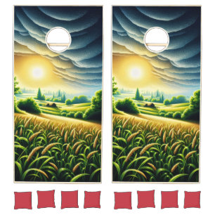 Golden Sunrise Over Green Fields & Rolling Hills Cornhole Set