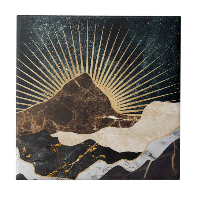 Golden Sunrise Over Marble Mountains & Starry Sky Ceramic Tile (Front)