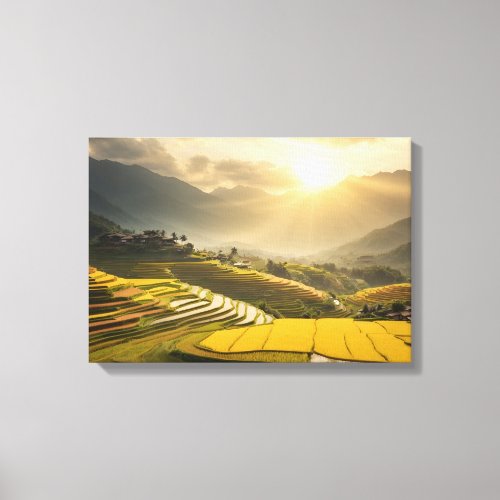 Golden Sunrise over the Lush Rice Fields Canvas Print