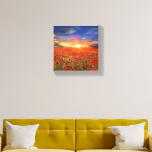 Golden Sunset Against Blue Sky Red Poppy Canvas Photo Tile