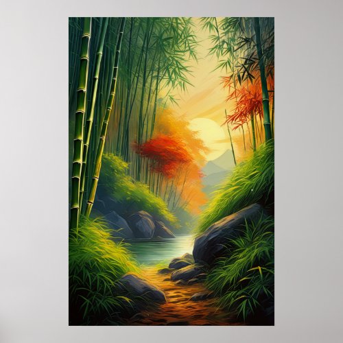 Golden Sunset Bathes the Bamboo Forest Poster