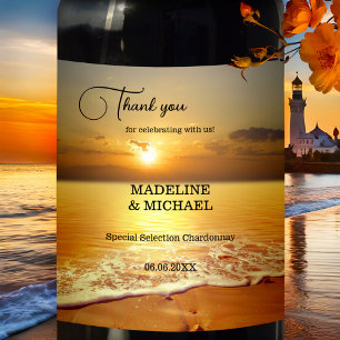 Golden Sunset Beach Destination Wedding Wine Label