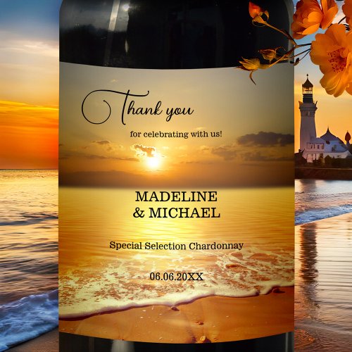 Golden Sunset Beach Destination Wedding Wine Label