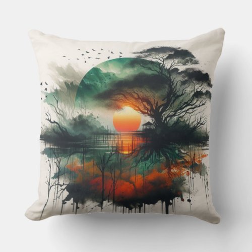 Golden Sunset Cascade Throw Pillow