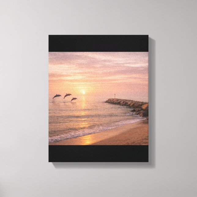 Golden Sunset Dolphins Beach Canvas Wall Art | Coa (Front)