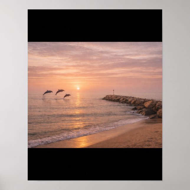 Golden Sunset Dolphins Beach Canvas Wall Art | Coa (Front)