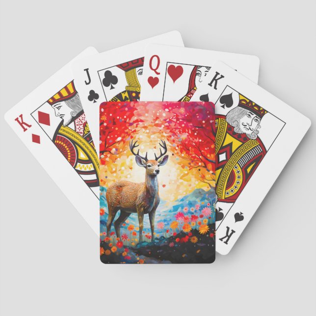 Golden Sunset Floral Fall Forest Deer Poker Cards (Back)