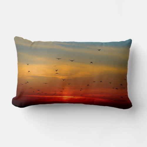 Golden Sunset Landscape Birds Blue Yellow Lumbar Pillow