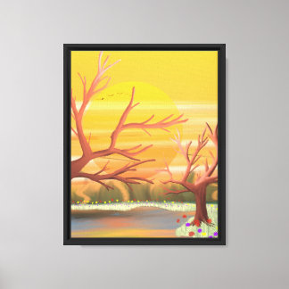 Golden Sunset Landscape with Trees and Wildflowers Canvas Print