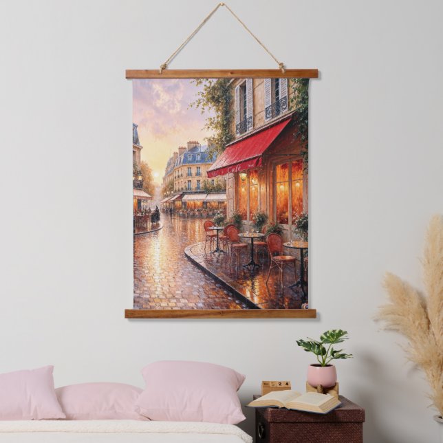 Golden Sunset Light On A Rainy Town Café Hanging Tapestry (Bedroom)