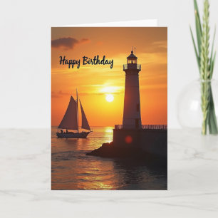 Golden Sunset Lighthouse Birthday Card
