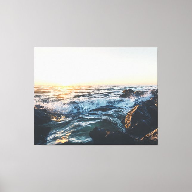 Golden Sunset Ocean Waves on Rocks Serene Seascape Canvas Print (Front)
