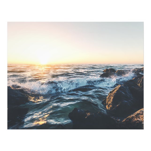 Golden Sunset Ocean Waves on Rocks Serene Seascape Photo Print (Front)