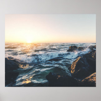 Golden Sunset Ocean Waves on Rocks Serene Seascape Poster
