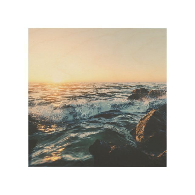 Golden Sunset Ocean Waves on Rocks Serene Seascape Wood Wall Art (Front)