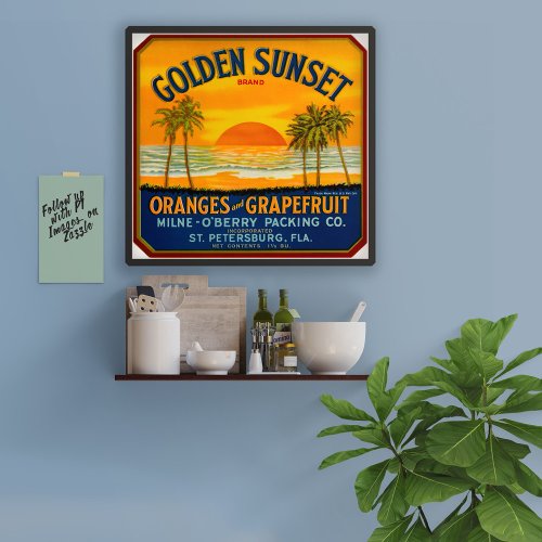 Golden Sunset Oranges packing label Poster