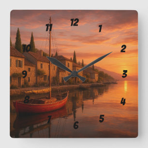 Golden Sunset Over Coastal Village Square Wall Clock