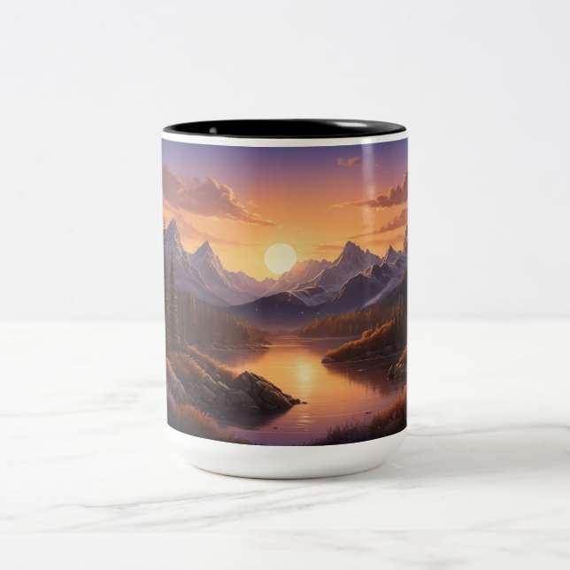Golden Sunset Over Forest Nature Trees  Mountains  Two-Tone Coffee Mug (Center)