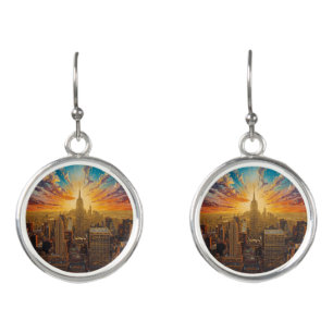 Golden Sunset Over New York City Skyline Earrings