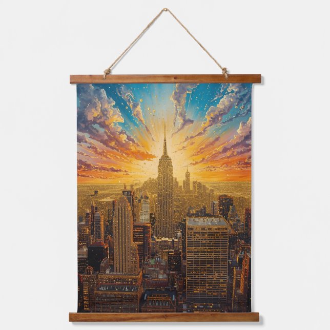 Golden Sunset Over New York City Skyline Hanging Tapestry (Front)