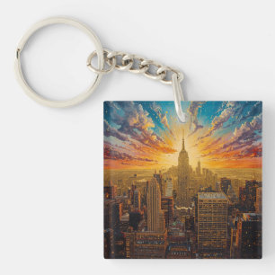 Golden Sunset Over New York City Skyline Keychain