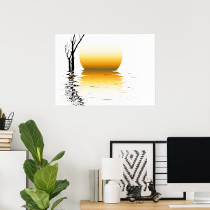 Golden sunset reflection a serene mural poster
