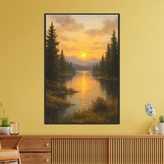 Golden Sunset River Between Pines Canvas Print