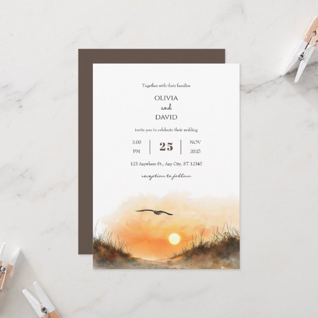 Golden Sunset Sandy Dunes Watercolor Beach Wedding Invitation (Front/Back In Situ)