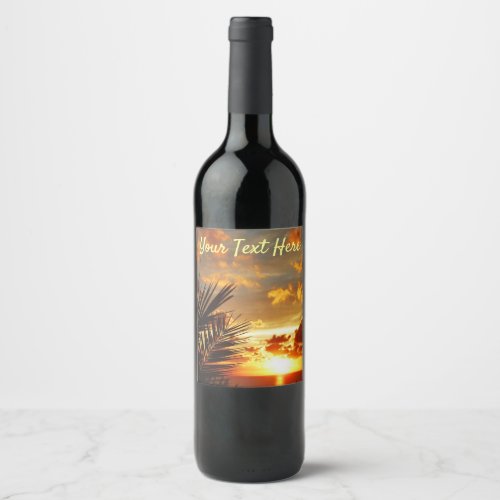 Golden Sunset Sea and Palmtree Postcard Wine Label