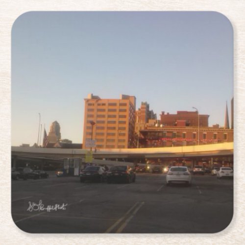 Golden Sunset Shining on Skyway and Downtown  Square Paper Coaster
