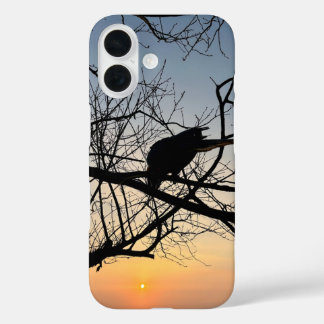Golden Sunset Silhouette: Bird on Tree Branches iPhone 16 Case