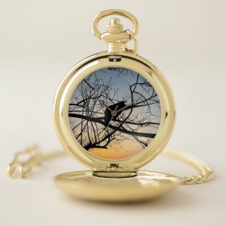 Golden Sunset Silhouette: Bird on Tree Branches Pocket Watch