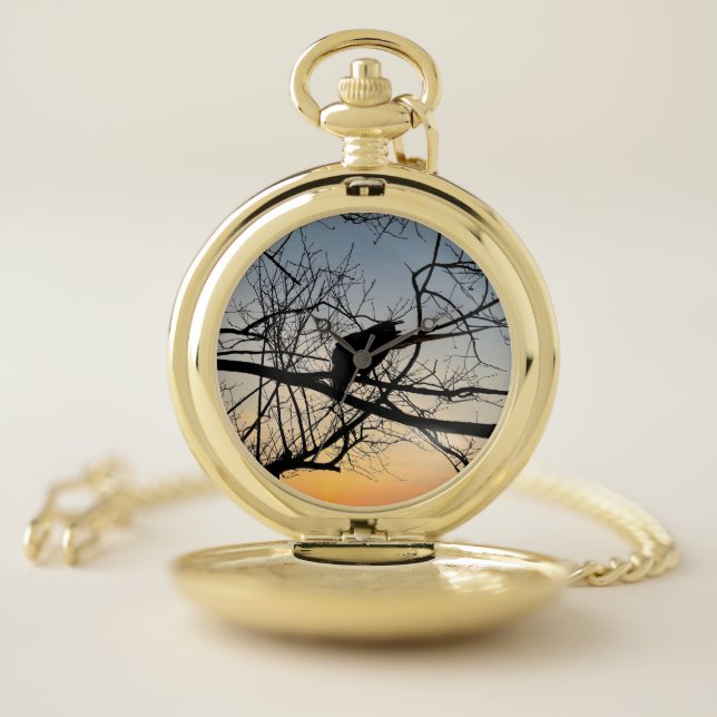 Golden Sunset Silhouette: Bird on Tree Branches Pocket Watch (Inside)