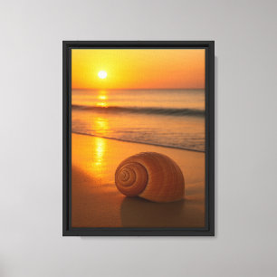 Golden Sunset with Seashell on Serene Shore Canvas Print