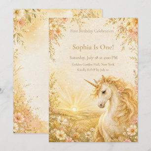 Golden Sunshine Unicorn 1st Birthday Invitation