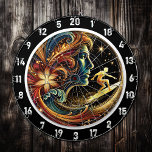 Golden Surfer Riding Sunset Wave Art Dart Board<br><div class="desc">The "Golden Surfer Riding Sunset Wave Art" is a vibrant and electrifying piece that brings the magic of the beach to your home. Featuring a surfer skillfully riding a large wave, with a glowing golden sunset illuminating the scene, this artwork creates a dynamic and captivating atmosphere. The bold colors, along...</div>