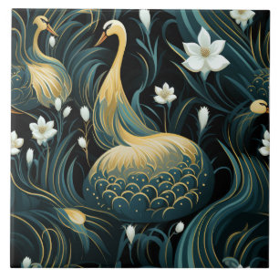 Golden Swan Inspired Birds and White Flowers Ceramic Tile