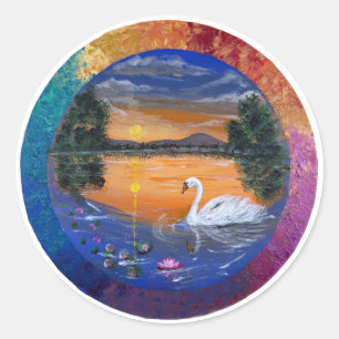 Golden Swan Sunset- handmade artwork Classic Round Sticker
