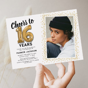 Golden Sweet 16 Photo Birthday Invitation
