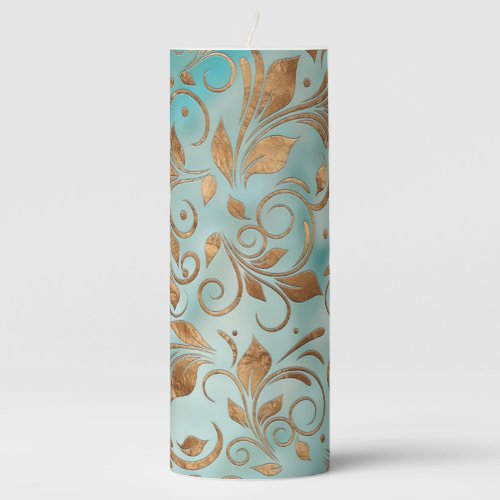 Golden Swirl Branches on light Teal Pillar Candle