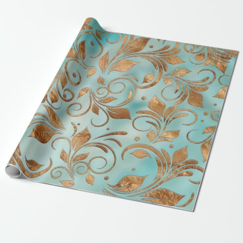 Golden Swirl Branches on light Teal Wrapping Paper