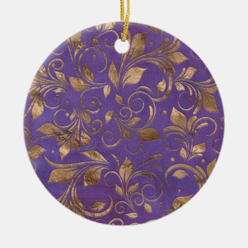 Golden Swirl Branches on purple Ceramic Ornament