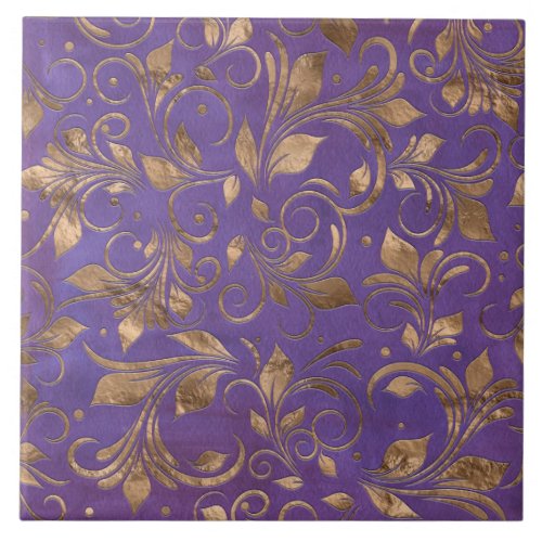 Golden Swirl Branches on purple Ceramic Tile
