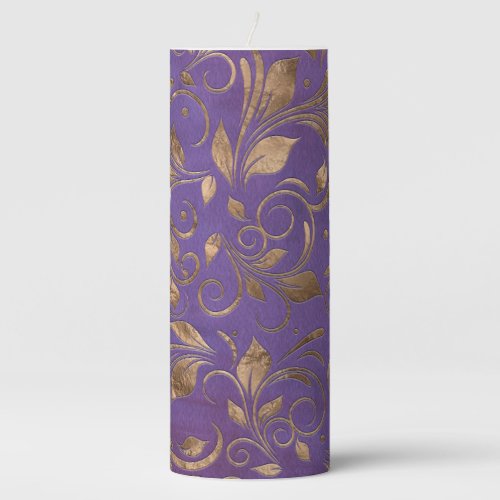 Golden Swirl Branches on purple Pillar Candle